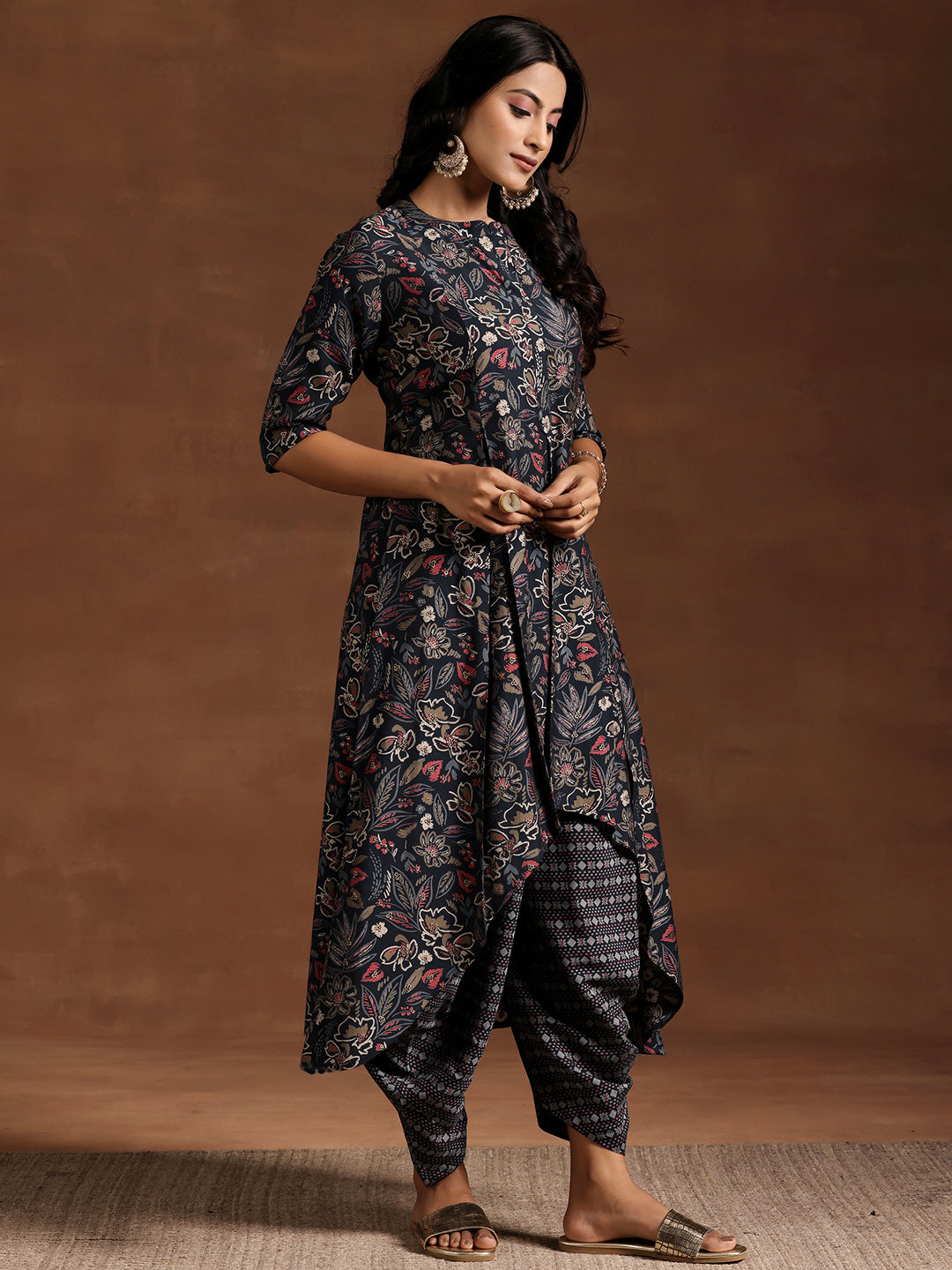 Blue Printed Silk Blend A-line Kurta With Salwar