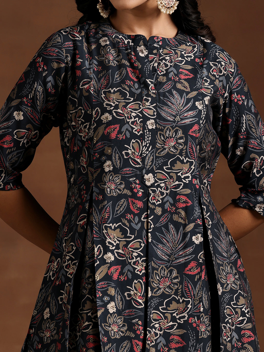 Blue Printed Silk Blend A-line Kurta With Salwar