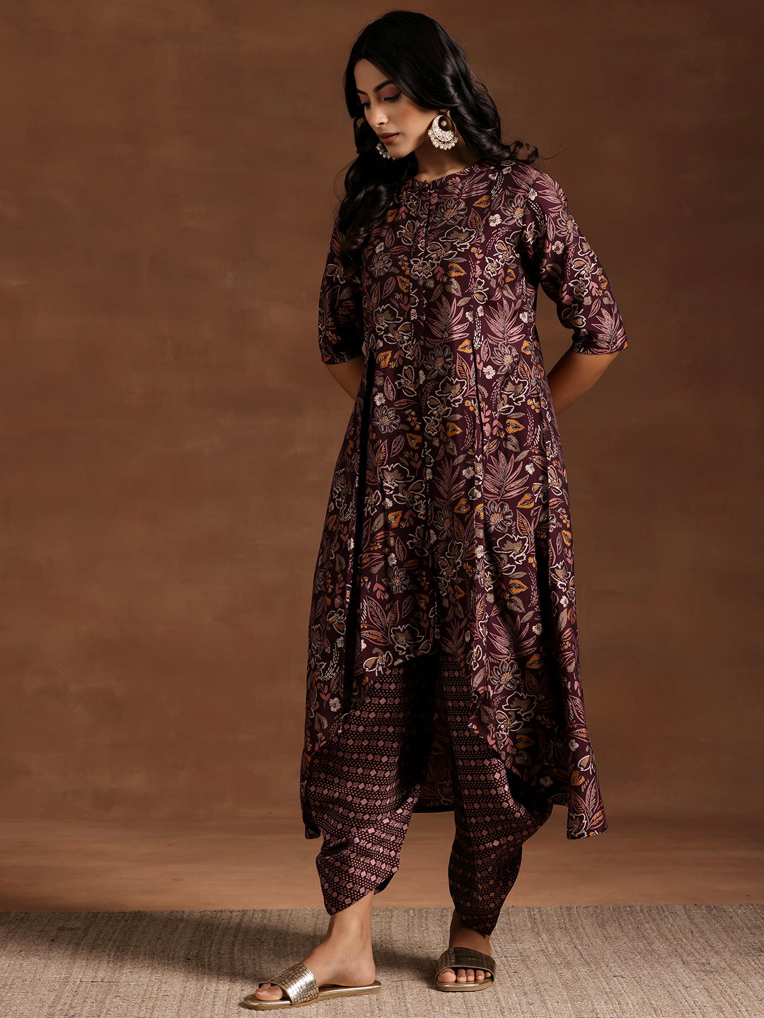 Wine Printed Silk Blend A-line Kurta With Salwar
