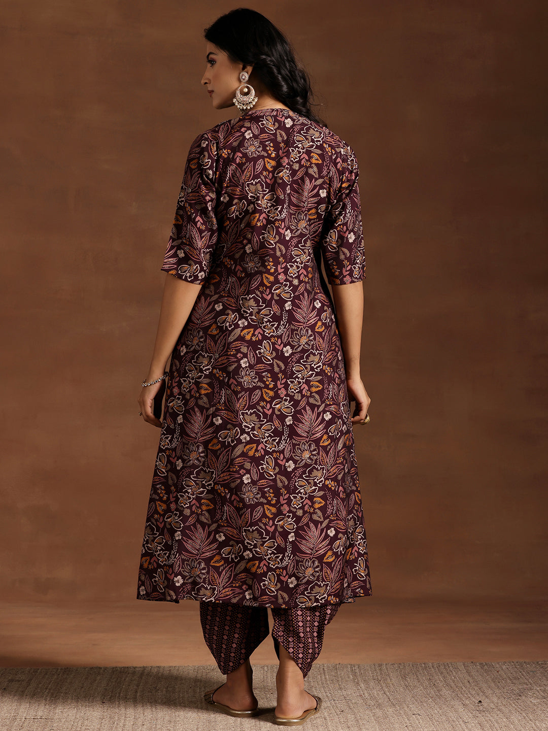Wine Printed Silk Blend A-line Kurta With Salwar