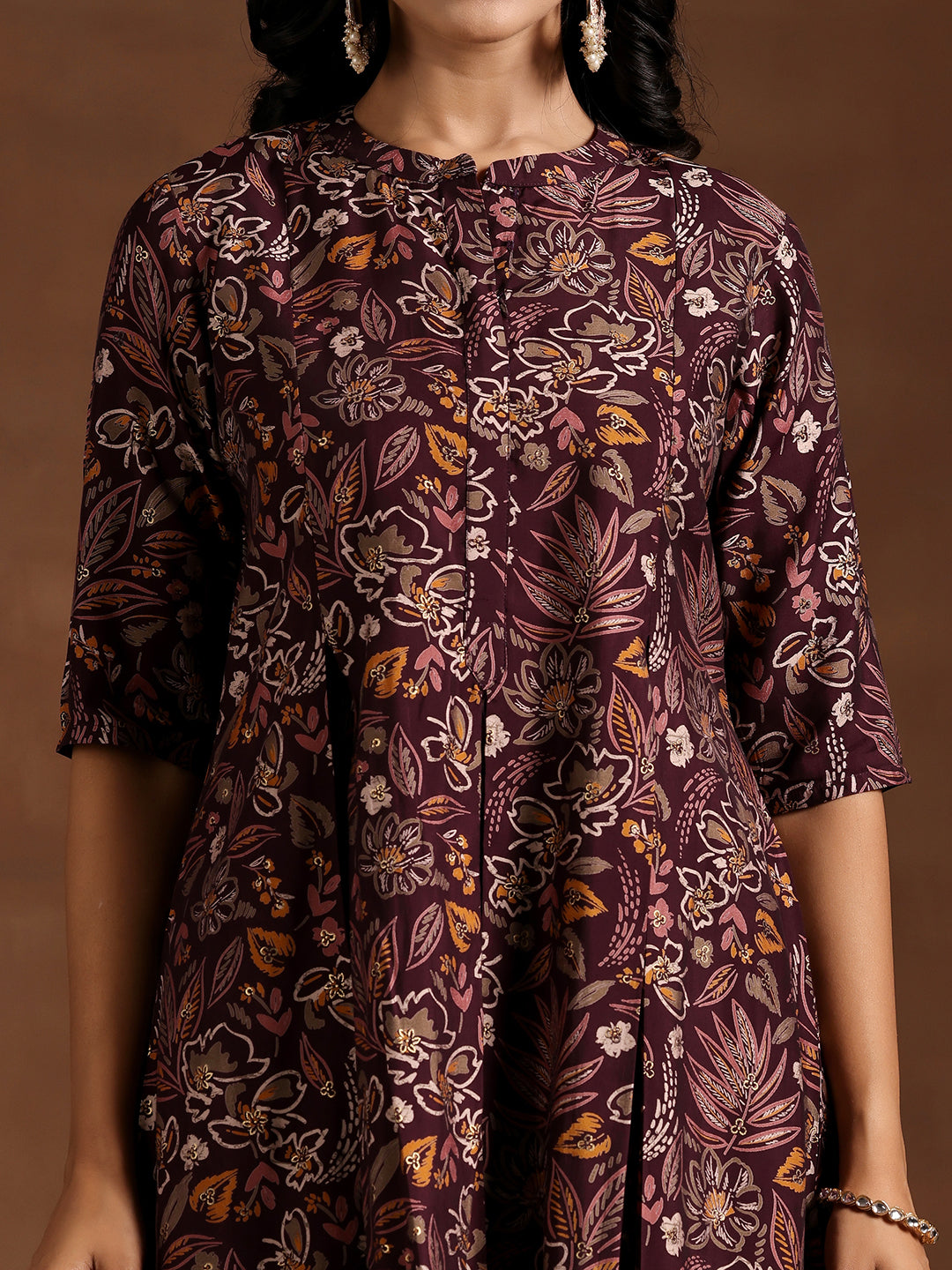 Wine Printed Silk Blend A-line Kurta With Salwar