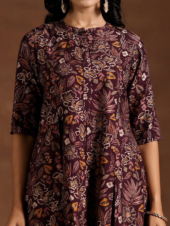 Wine Printed Silk Blend A-line Kurta With Salwar