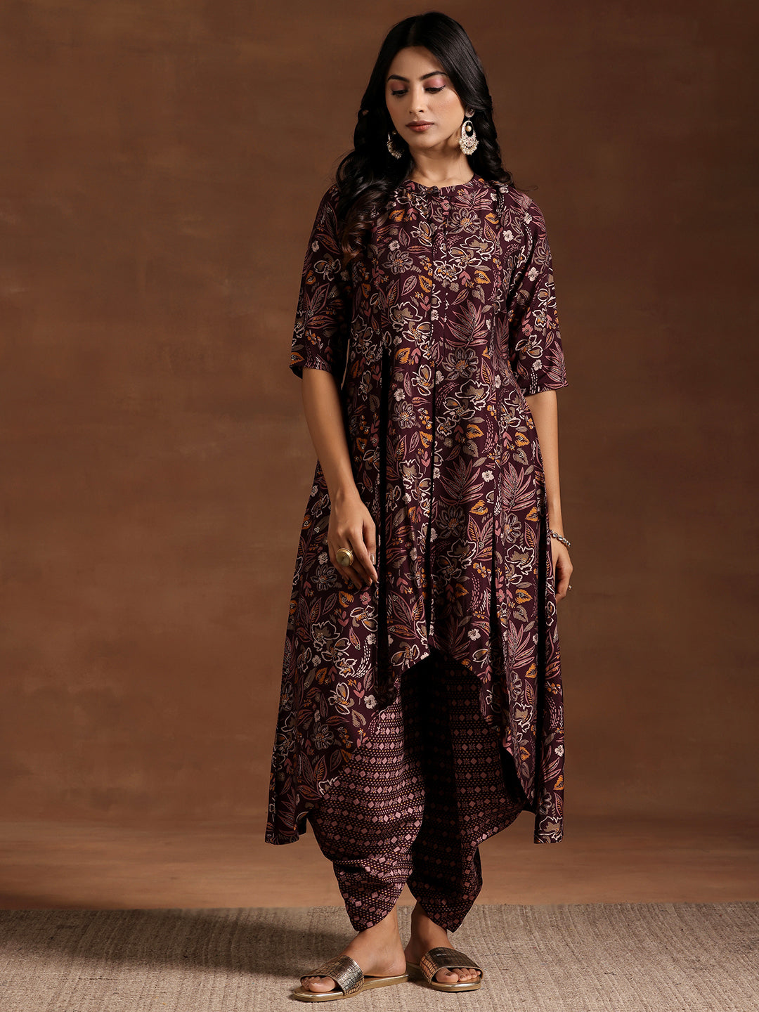 Wine Printed Silk Blend A-line Kurta With Salwar