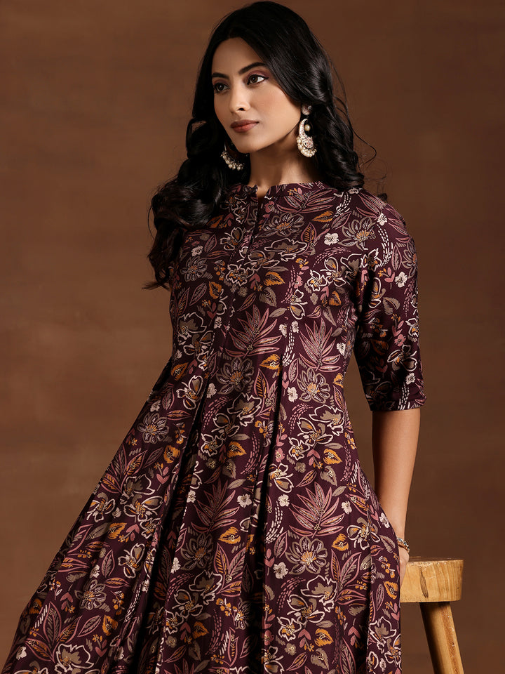 Wine Printed Silk Blend A-line Kurta With Salwar
