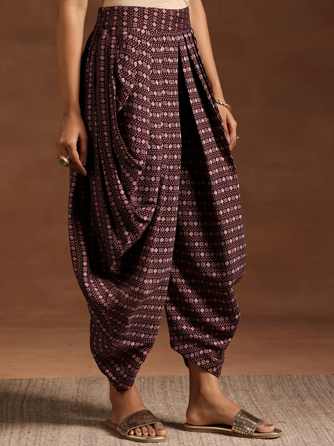 Wine Printed Silk Blend A-line Kurta With Salwar