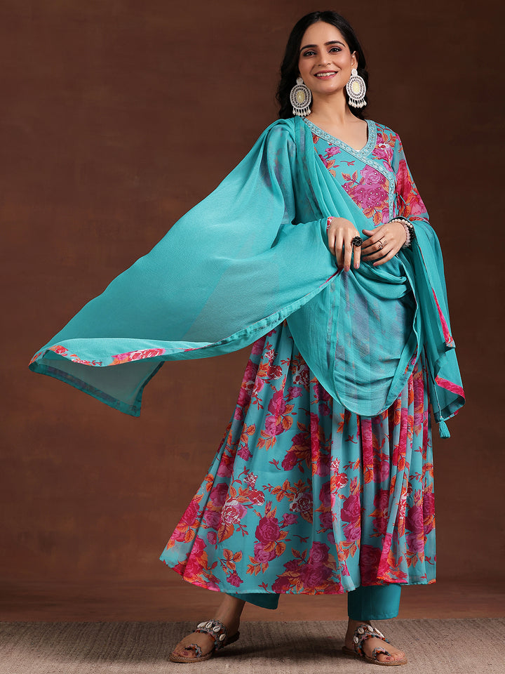 Blue Printed Poly Chiffon Anarkali Suit With Dupatta