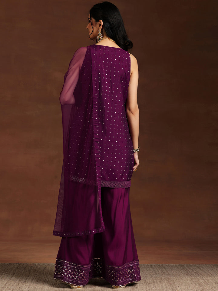 Wine Embroidered Silk Blend Straight Suit With Dupatta