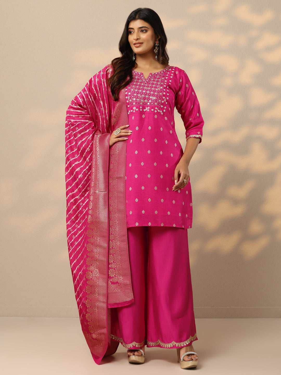 Pink Woven Design Silk Blend Straight Suit With Dupatta