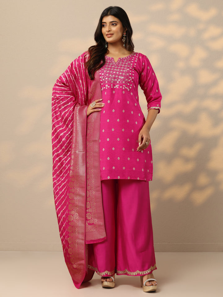 Pink Woven Design Silk Blend Straight Suit With Dupatta