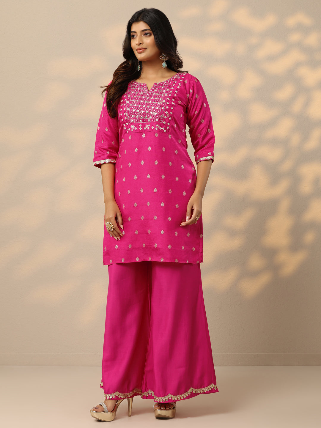 Pink Woven Design Silk Blend Straight Suit With Dupatta