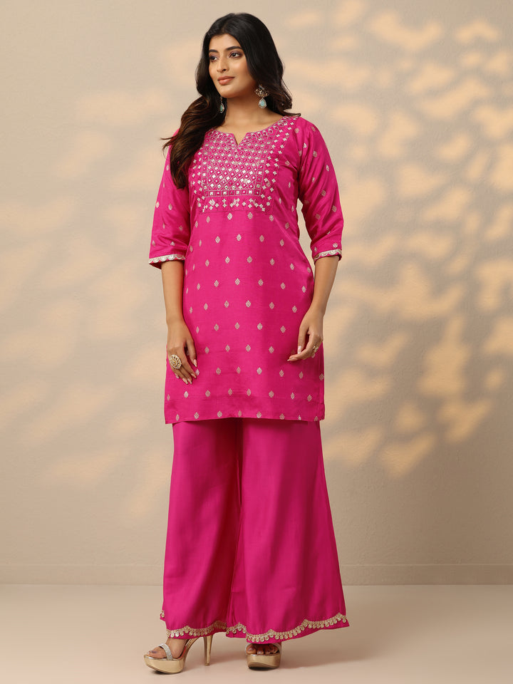 Pink Woven Design Silk Blend Straight Suit With Dupatta