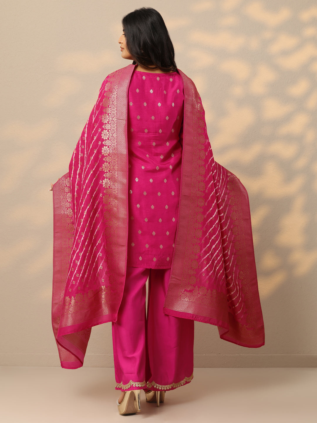 Pink Woven Design Silk Blend Straight Suit With Dupatta