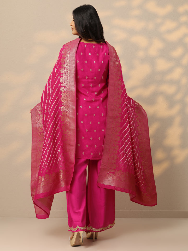Pink Woven Design Silk Blend Straight Suit With Dupatta