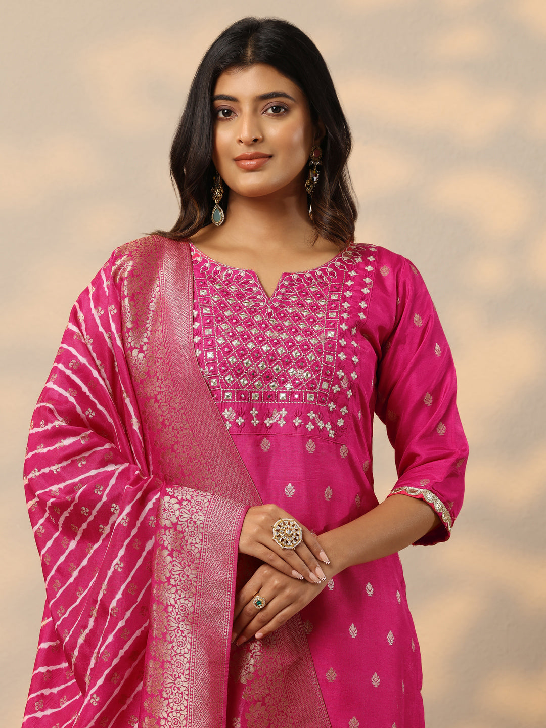 Pink Woven Design Silk Blend Straight Suit With Dupatta