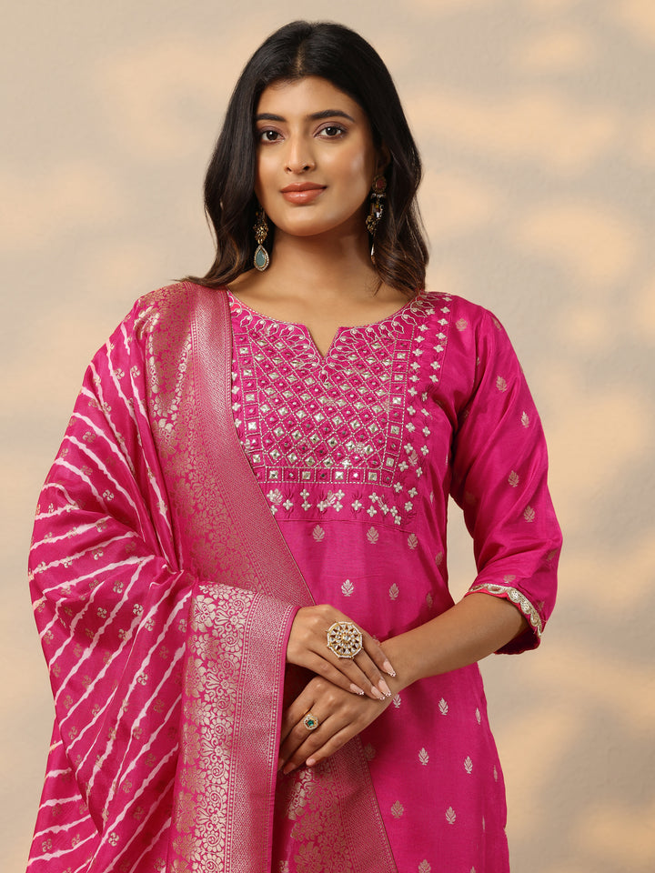 Pink Woven Design Silk Blend Straight Suit With Dupatta