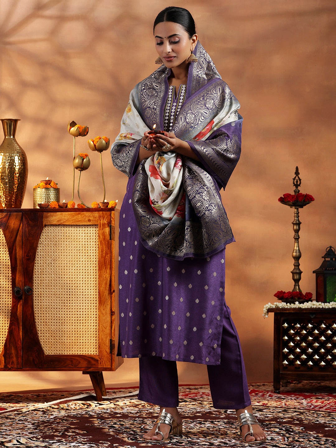 Purple Woven Design Art Silk Straight Suit Set With Trousers