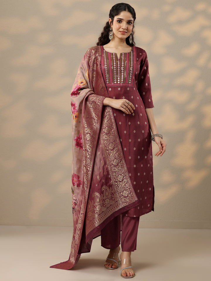 Brown Woven Design Silk Blend Straight Suit With Dupatta