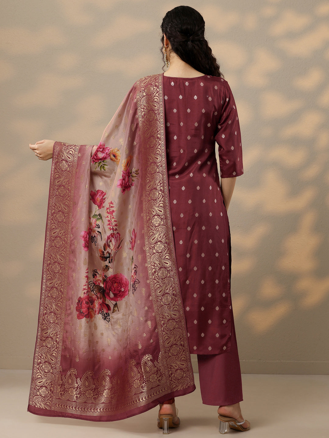 Brown Woven Design Silk Blend Straight Suit With Dupatta