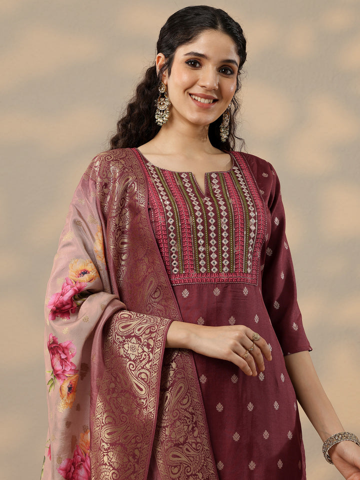 Brown Woven Design Silk Blend Straight Suit With Dupatta