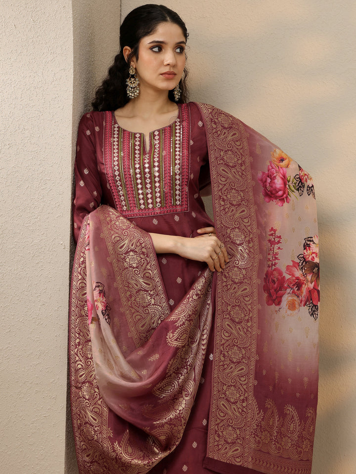 Brown Woven Design Silk Blend Straight Suit With Dupatta