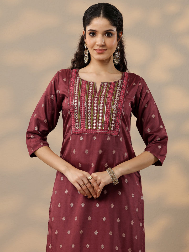 Brown Woven Design Silk Blend Straight Suit With Dupatta