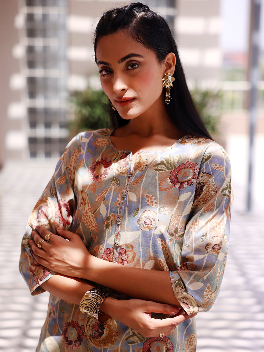 Grey Printed Silk Blend Straight Suit With Dupatta