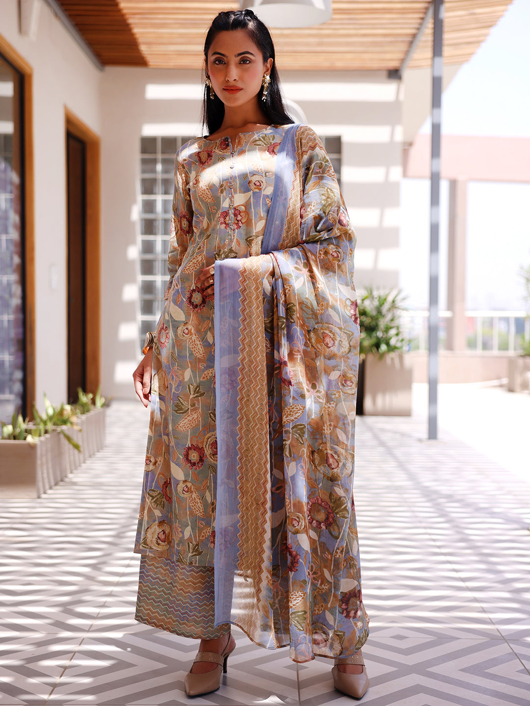 Grey Printed Silk Blend Straight Suit With Dupatta