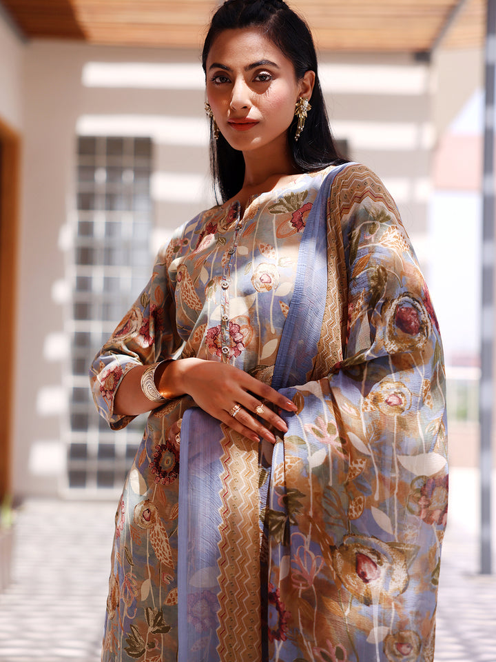 Grey Printed Silk Blend Straight Suit With Dupatta