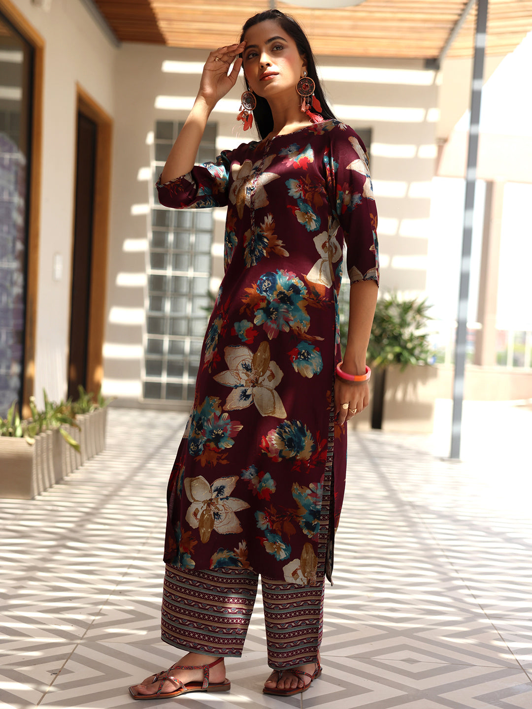 Wine Printed Silk Blend Straight Suit With Dupatta
