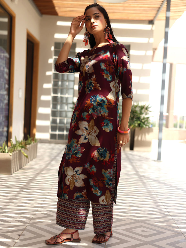 Wine Printed Silk Blend Straight Suit With Dupatta