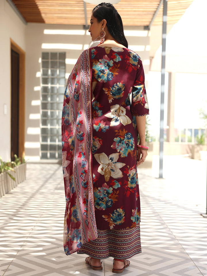 Wine Printed Silk Blend Straight Suit With Dupatta