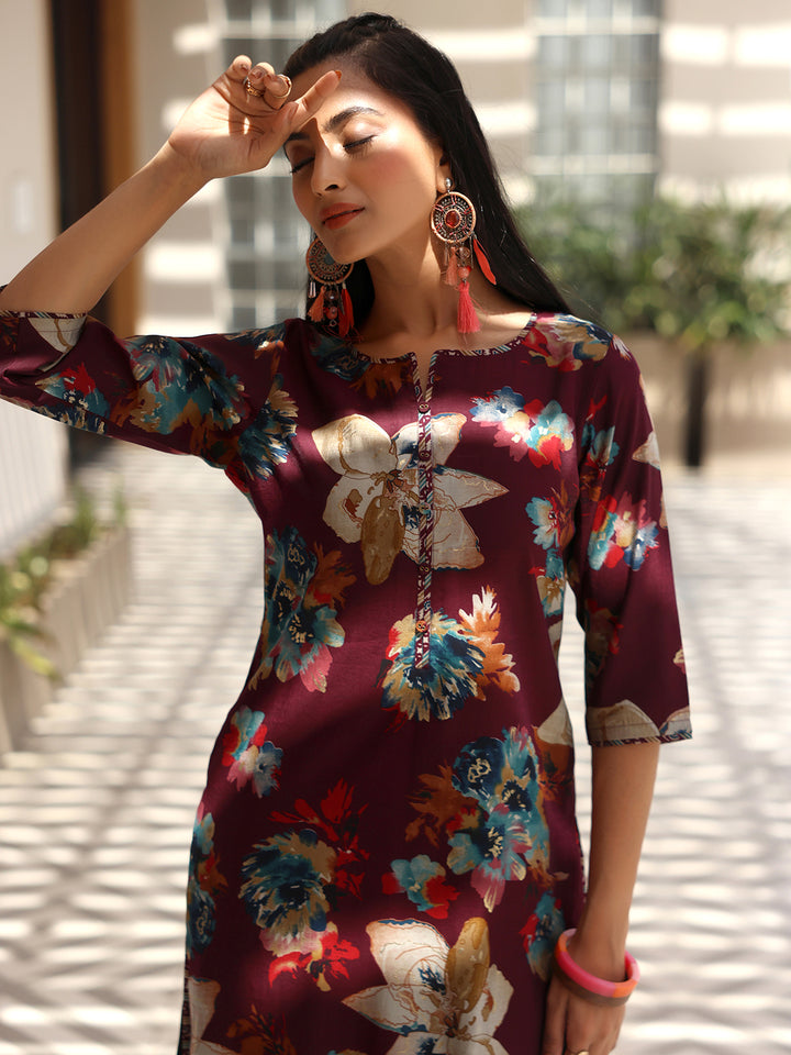 Wine Printed Silk Blend Straight Suit With Dupatta