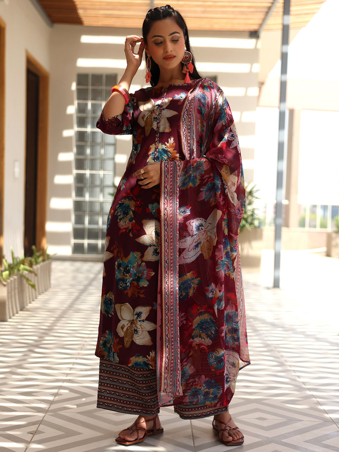 Wine Printed Silk Blend Straight Suit With Dupatta