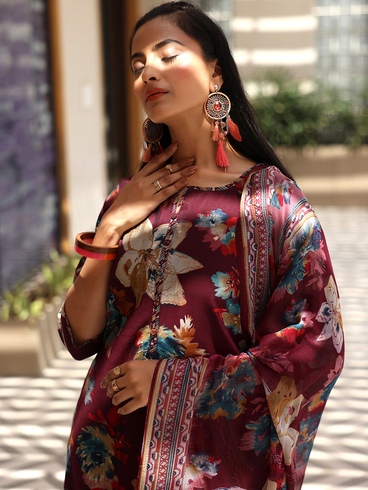 Wine Printed Silk Blend Straight Suit With Dupatta