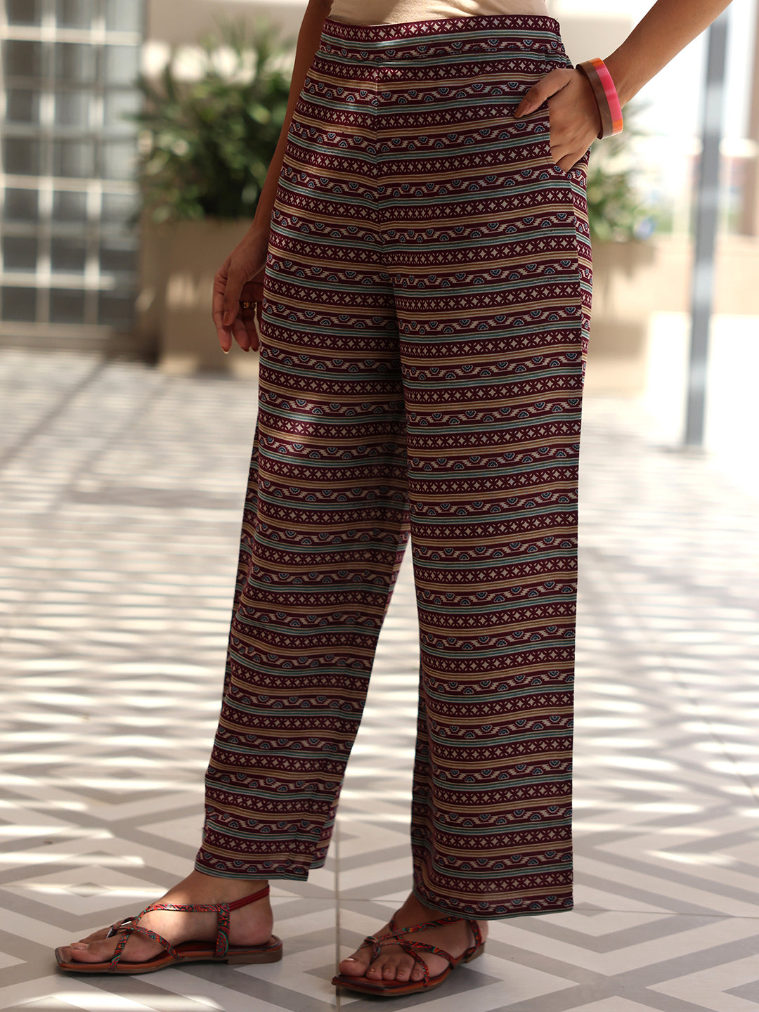 Wine Printed Silk Blend Straight Suit With Dupatta