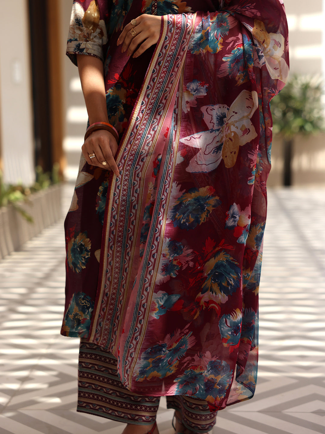 Wine Printed Silk Blend Straight Suit With Dupatta