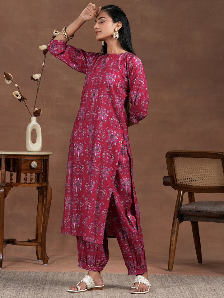 Pink Printed Silk Blend Straight Suit With Dupatta