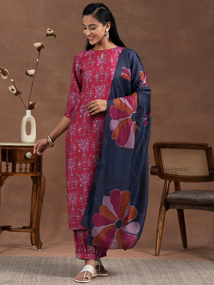Pink Printed Silk Blend Straight Suit With Dupatta