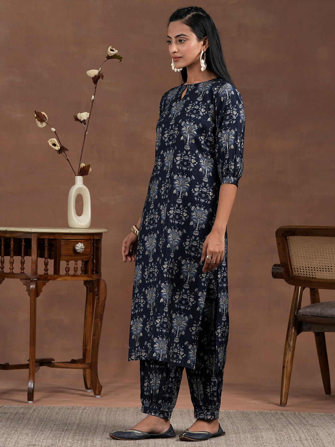 Blue Printed Silk Blend Straight Suit With Dupatta