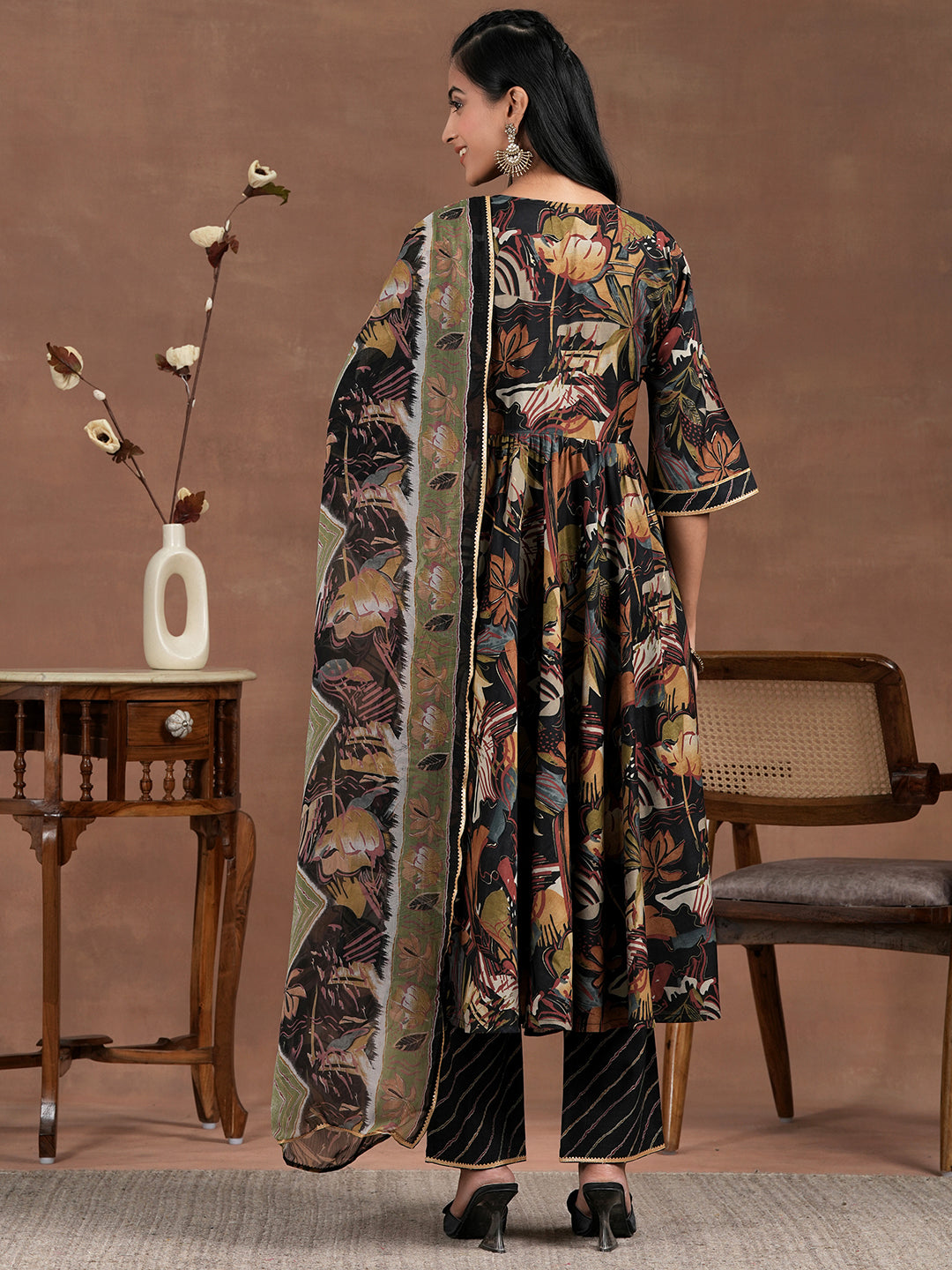 Black Printed Silk Blend Anarkali Suit With Dupatta