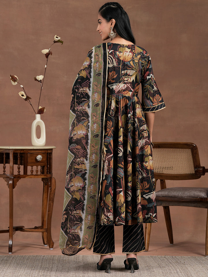 Black Printed Silk Blend Anarkali Suit With Dupatta