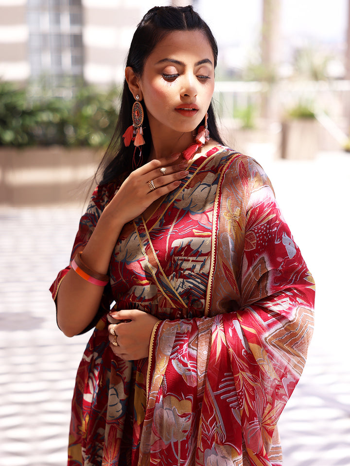 Maroon Printed Silk Blend Anarkali Suit With Dupatta