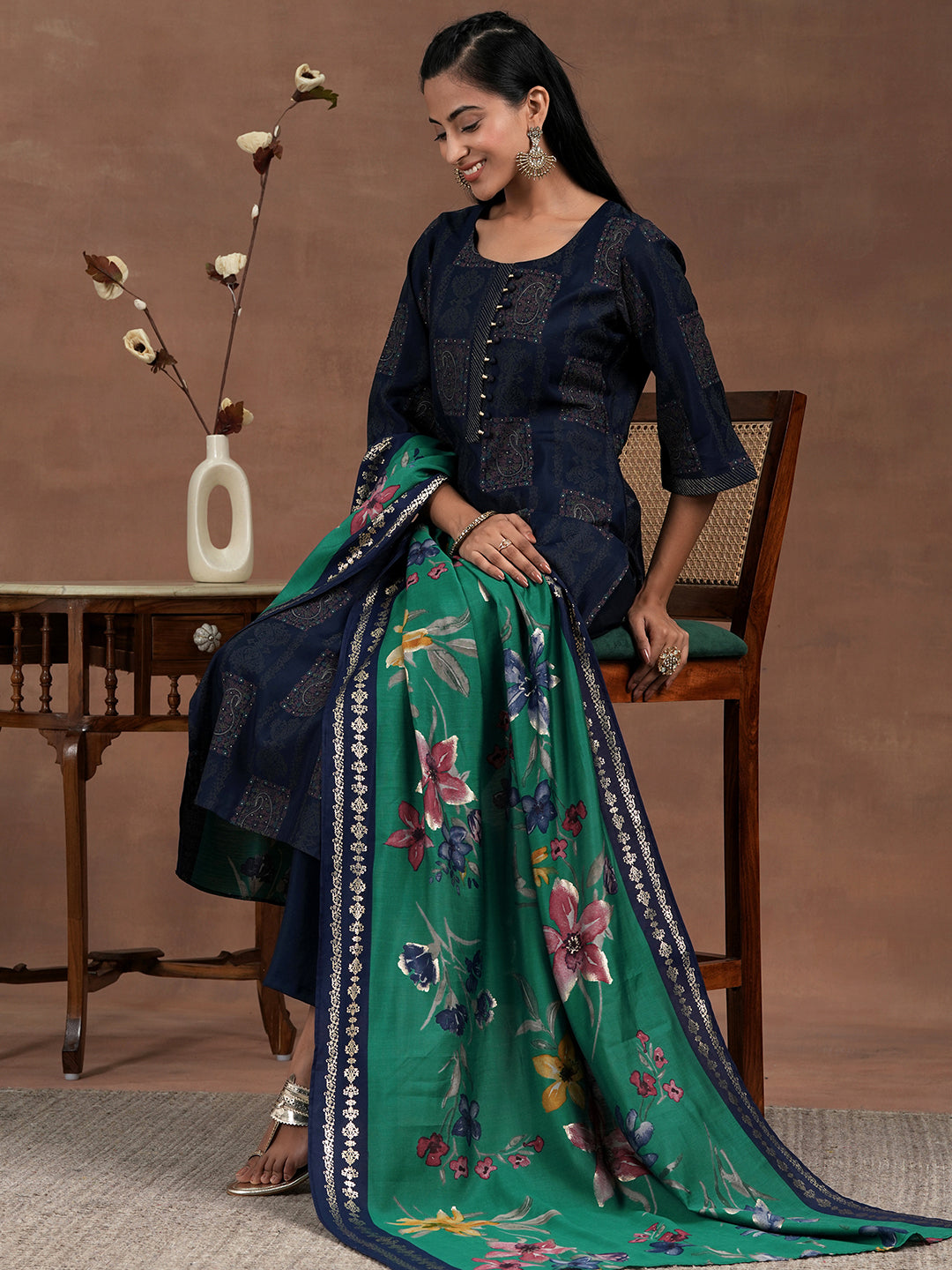 Libas Art Blue Printed Silk blend Straight Suit Set With Dupatta