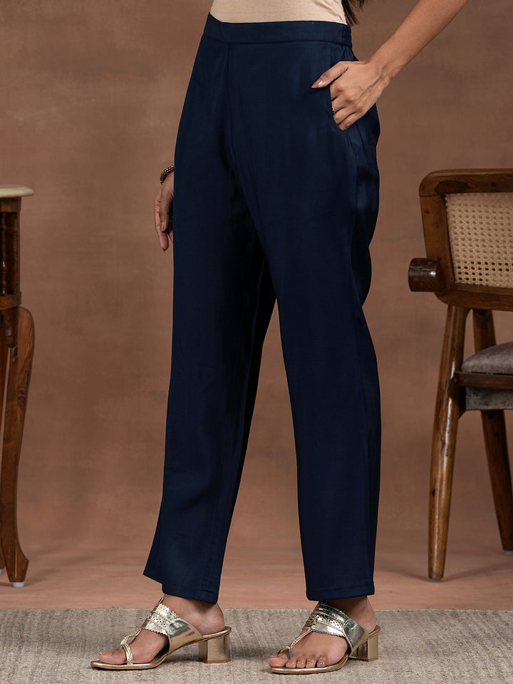 Blue Printed Silk Blend Straight Suit With Dupatta