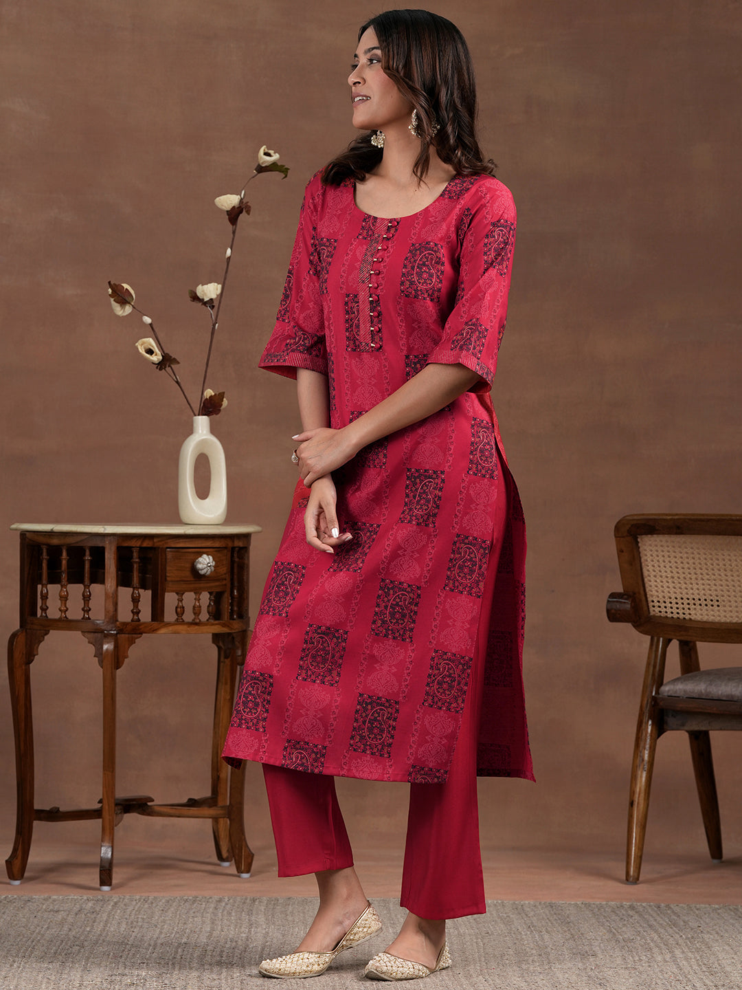 Red Printed Silk Blend Straight Suit With Dupatta