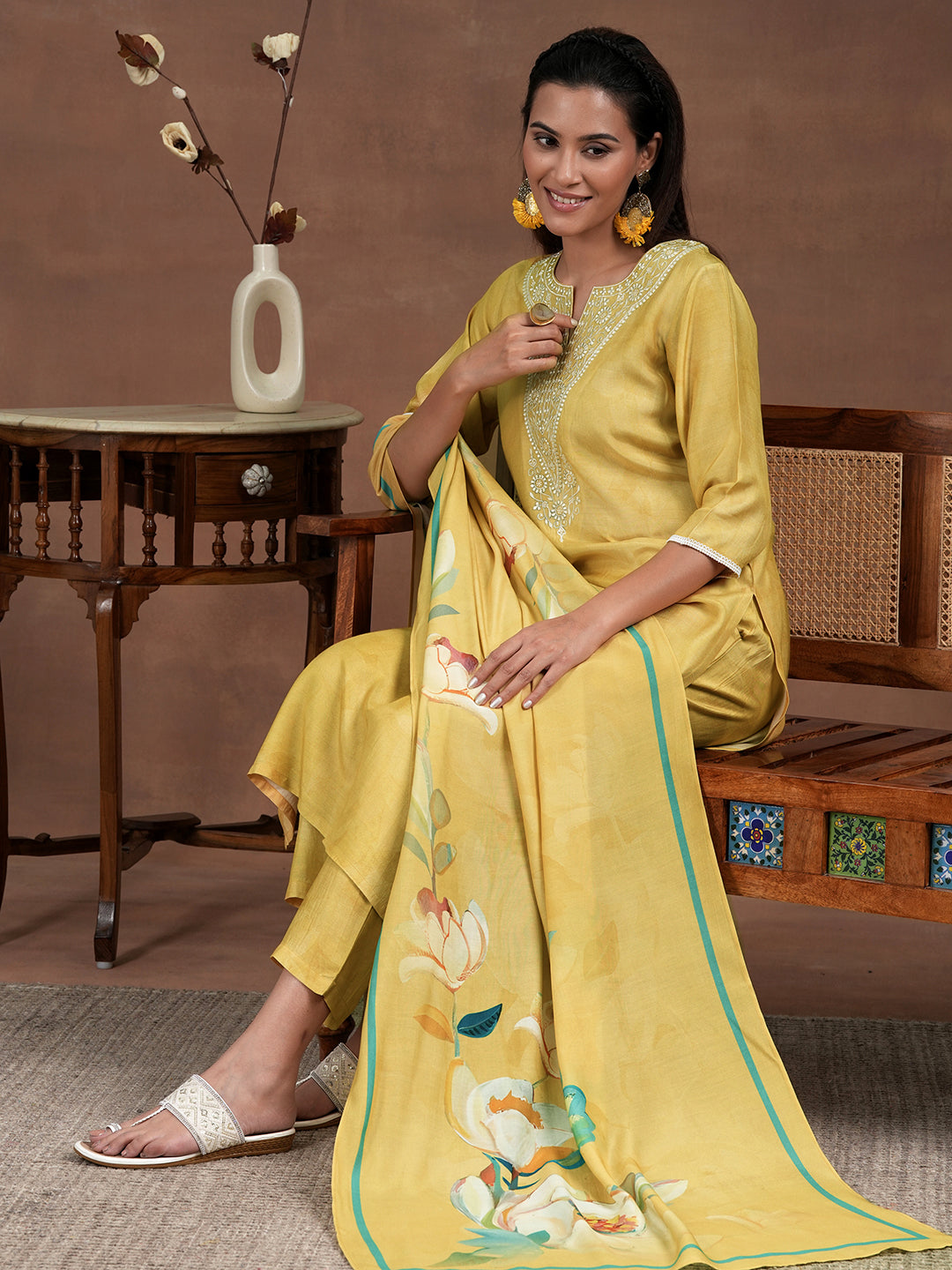 Yellow Yoke Design Silk Blend Straight Suit With Dupatta