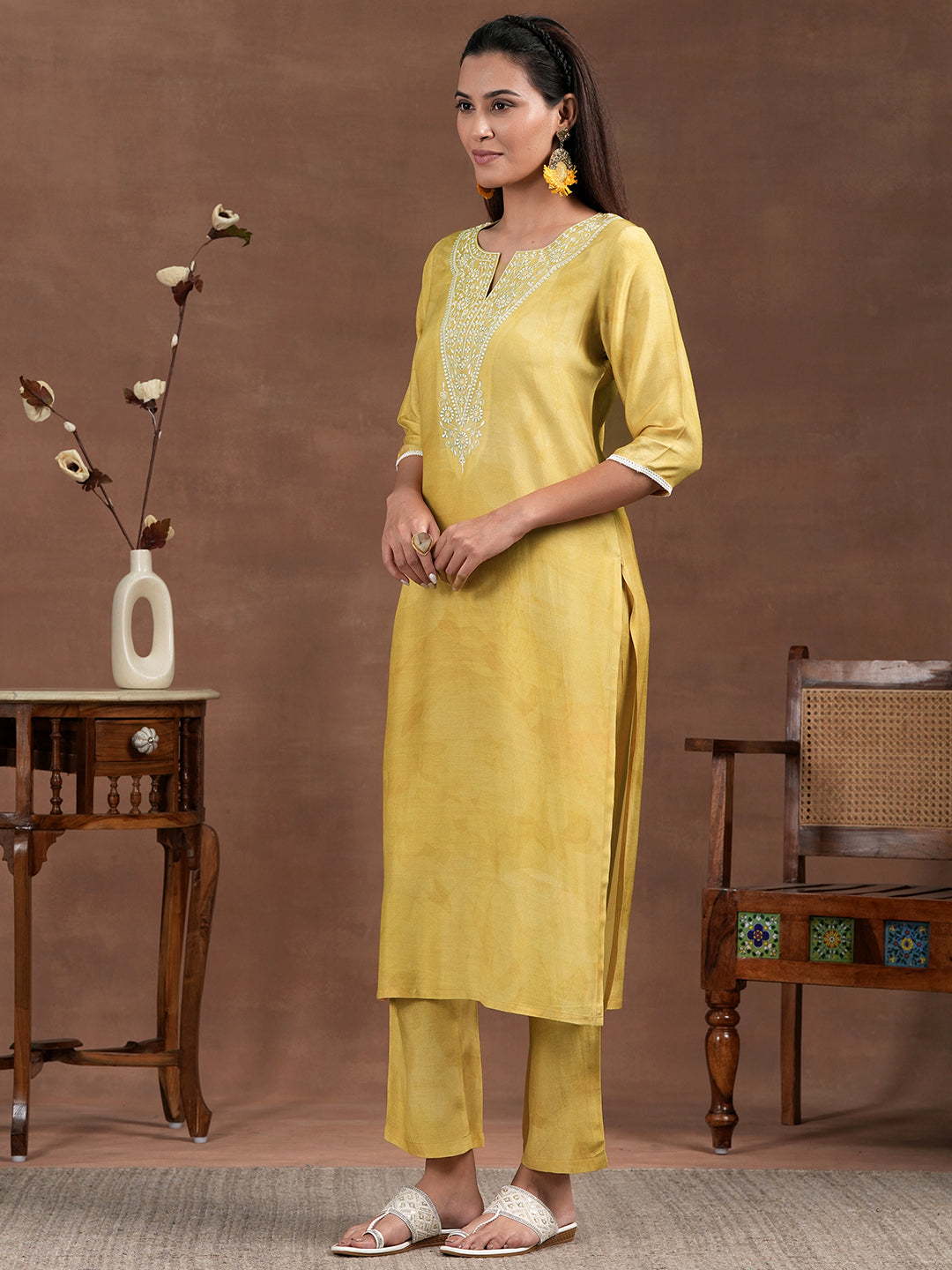 Yellow Yoke Design Silk Blend Straight Suit With Dupatta