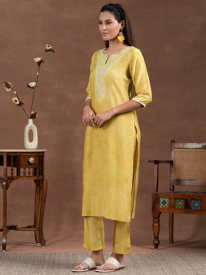 Yellow Yoke Design Silk Blend Straight Suit With Dupatta