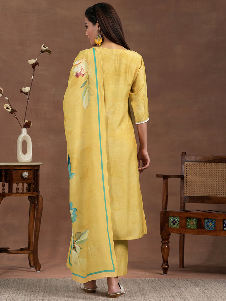 Yellow Yoke Design Silk Blend Straight Suit With Dupatta