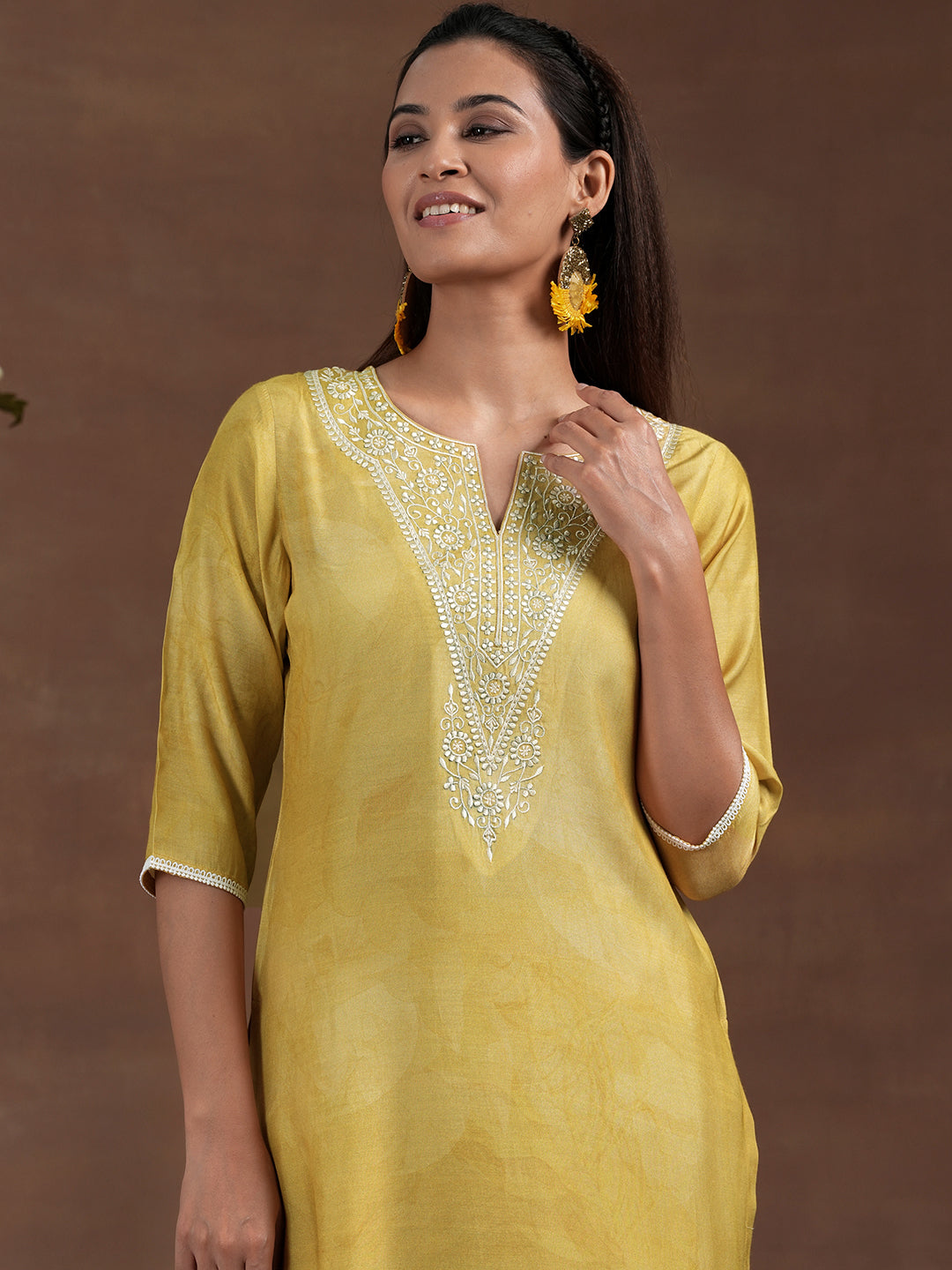 Yellow Yoke Design Silk Blend Straight Suit With Dupatta
